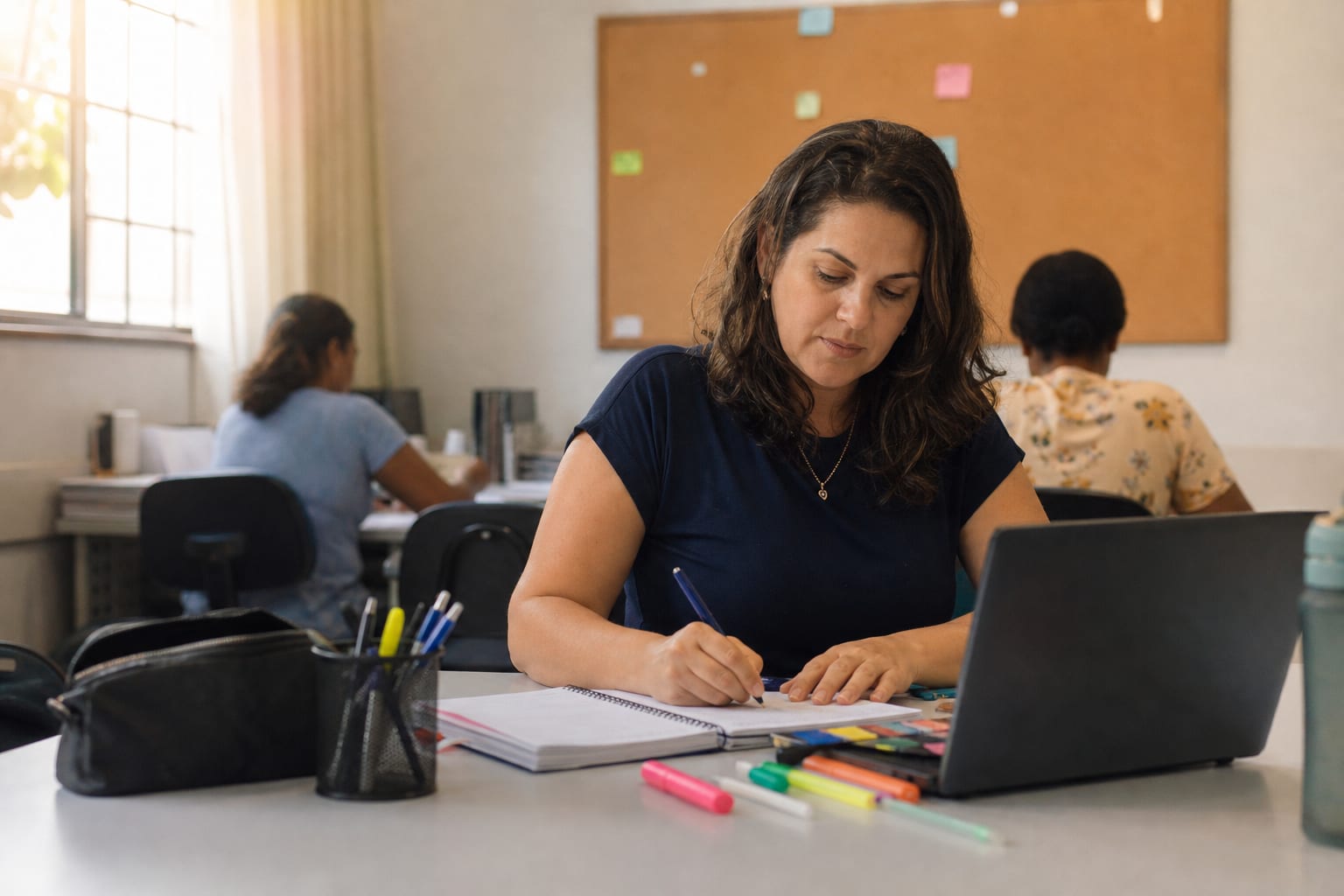Professora escrevendo o plano da semana em um caderno de planejamento sobre a mesa da sala dos professores