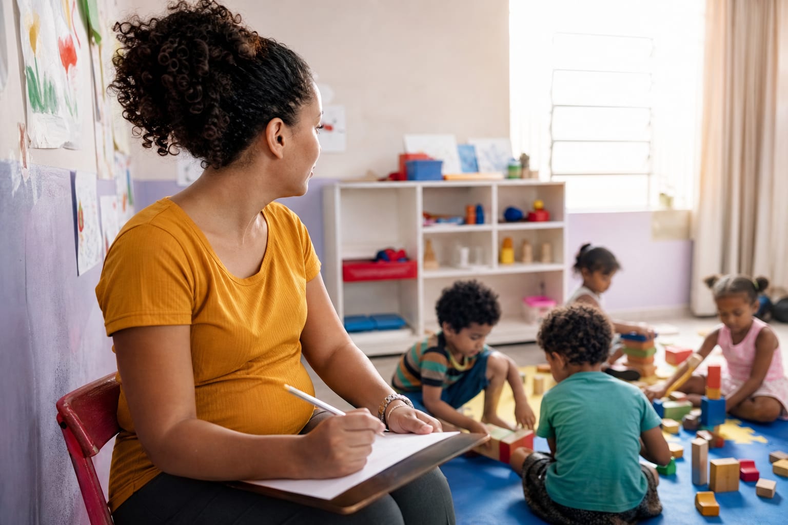 Professora de educação infantil registrando observações em prancheta enquanto as crianças brincam
