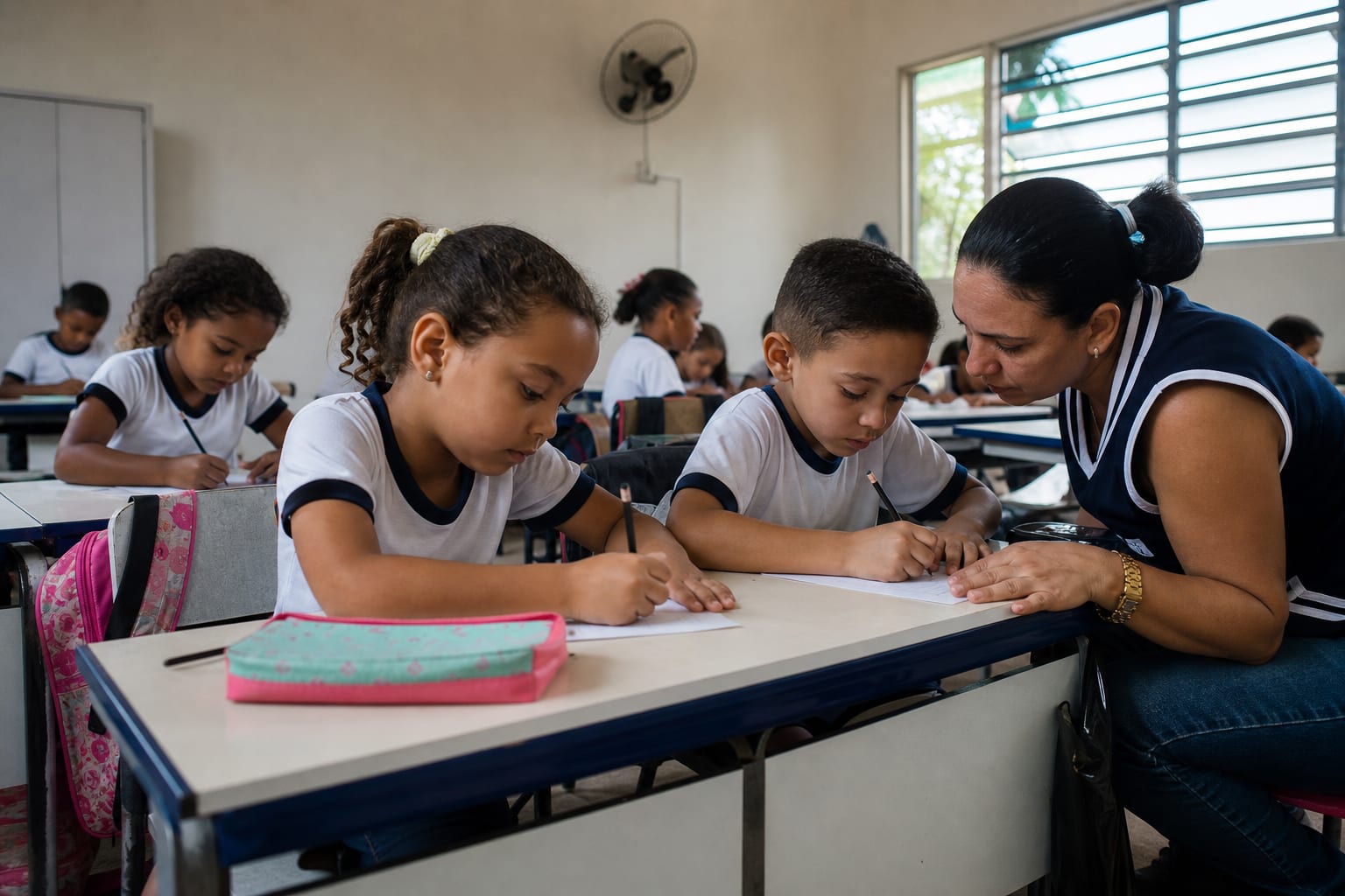 Crianças do 2º ano trabalhando em folhas impressas enquanto a professora orienta uma dupla