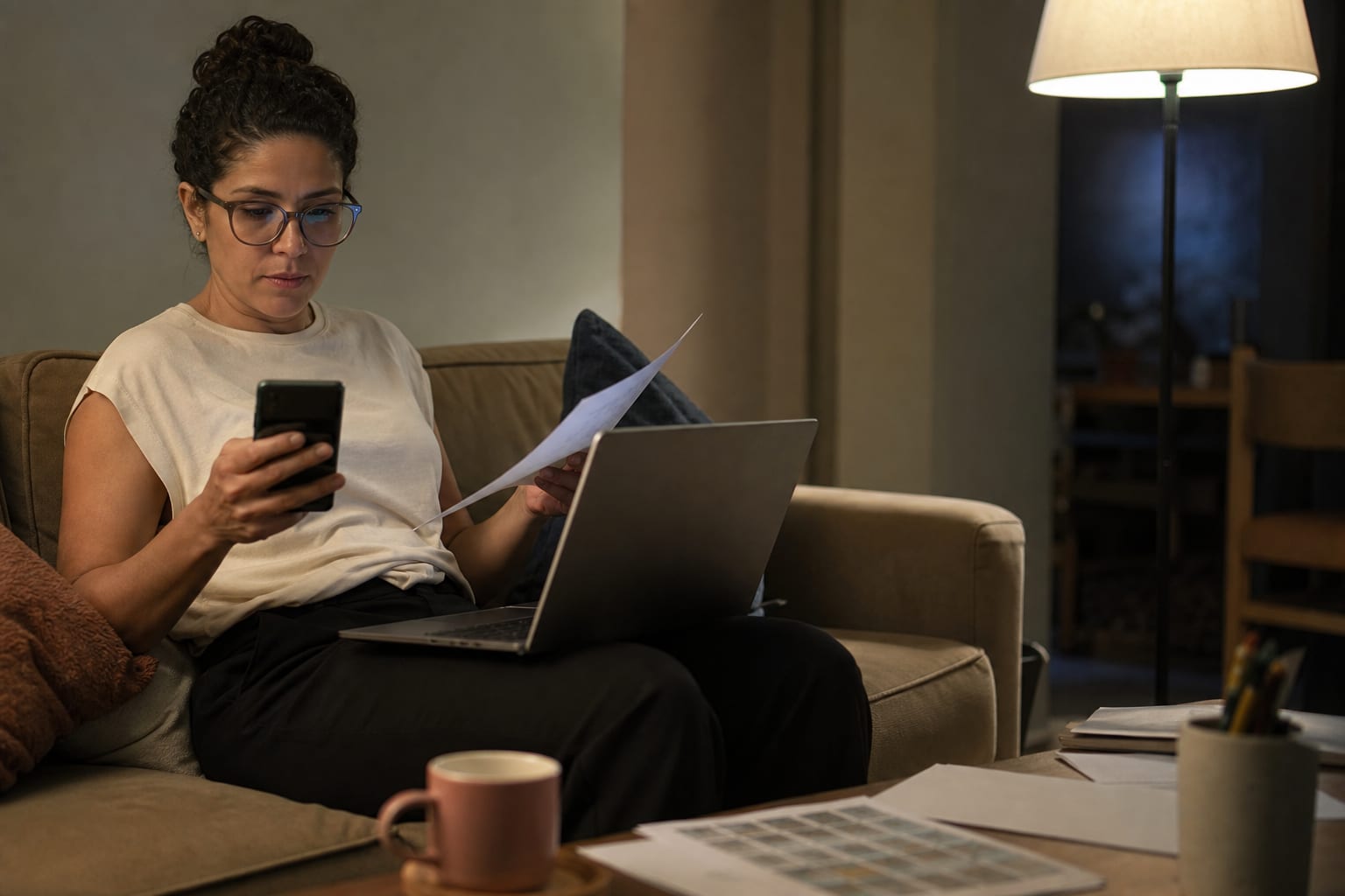 Professora comparando materiais pedagógicos no notebook em casa à noite